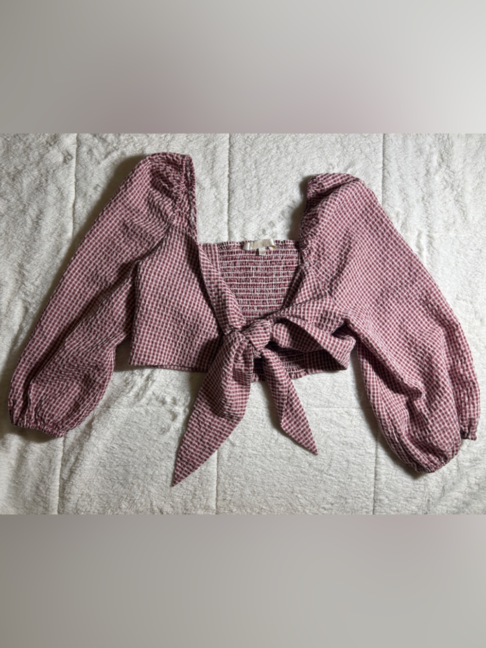 Smocked Tie-Front Blouse in Checkered Print